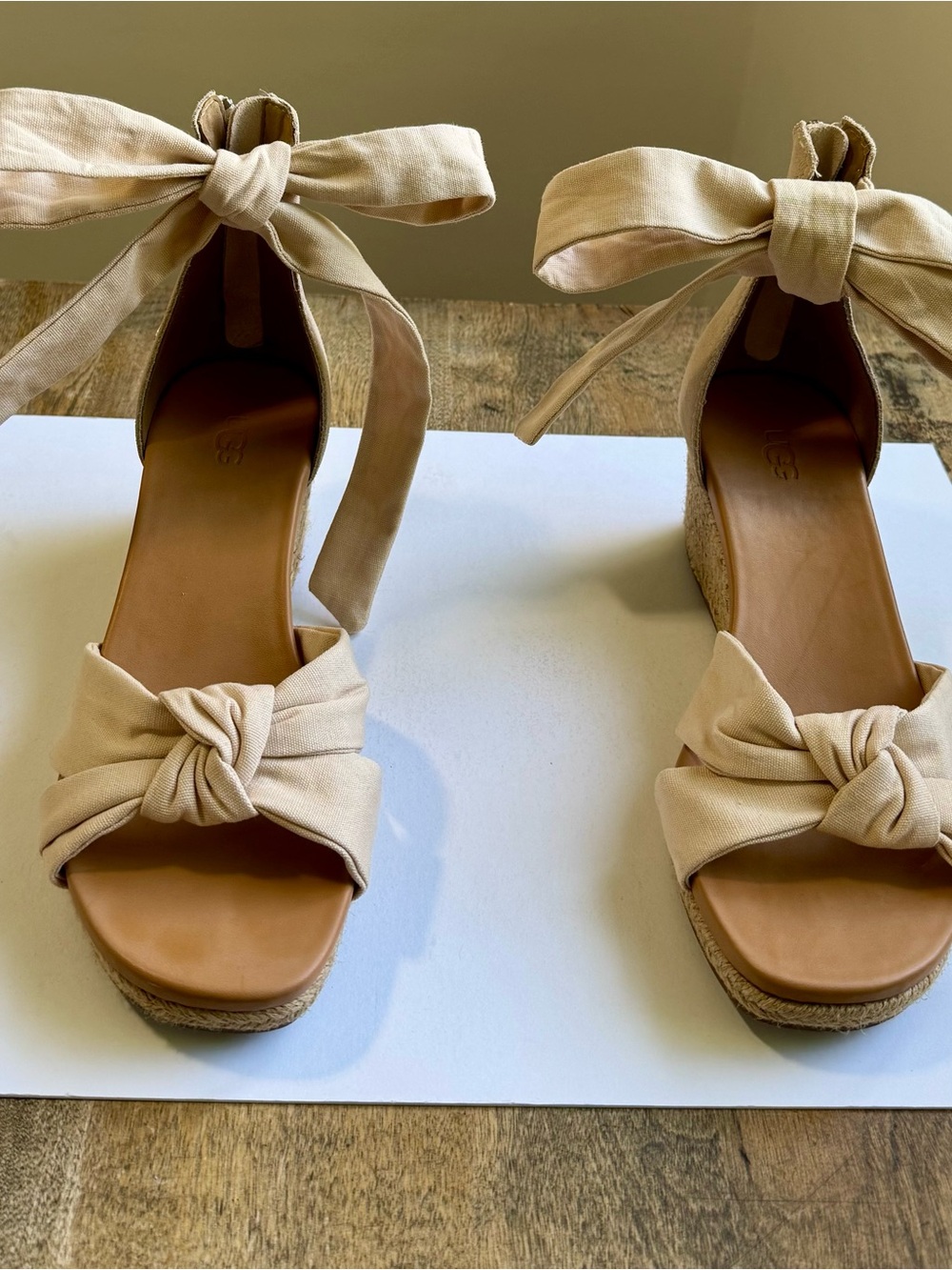 UGG Beige Knotted Espadrille Wedge Sandals with Ankle Tie